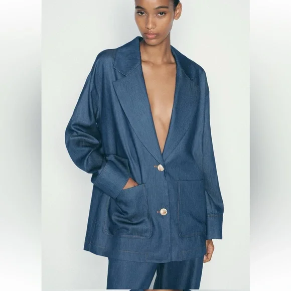 Denim effect Blue Oversized Women's Blazer - Picture 1 of 12